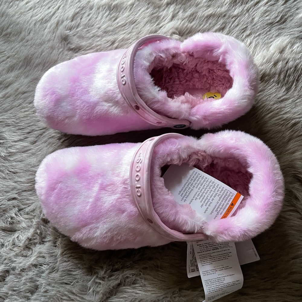 Pink furry crocs